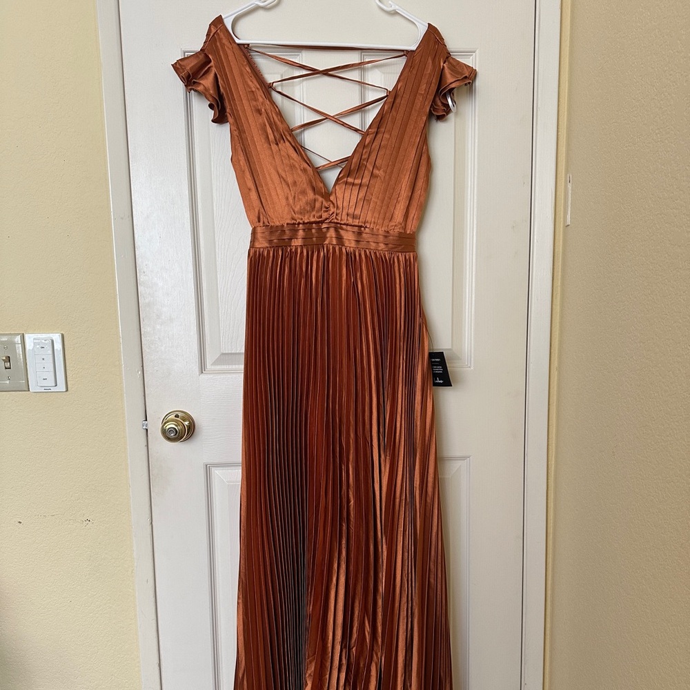 Lulu's Rust/Orange Backless Satin Pleated Gown - BRAND NEW WITH TAGS